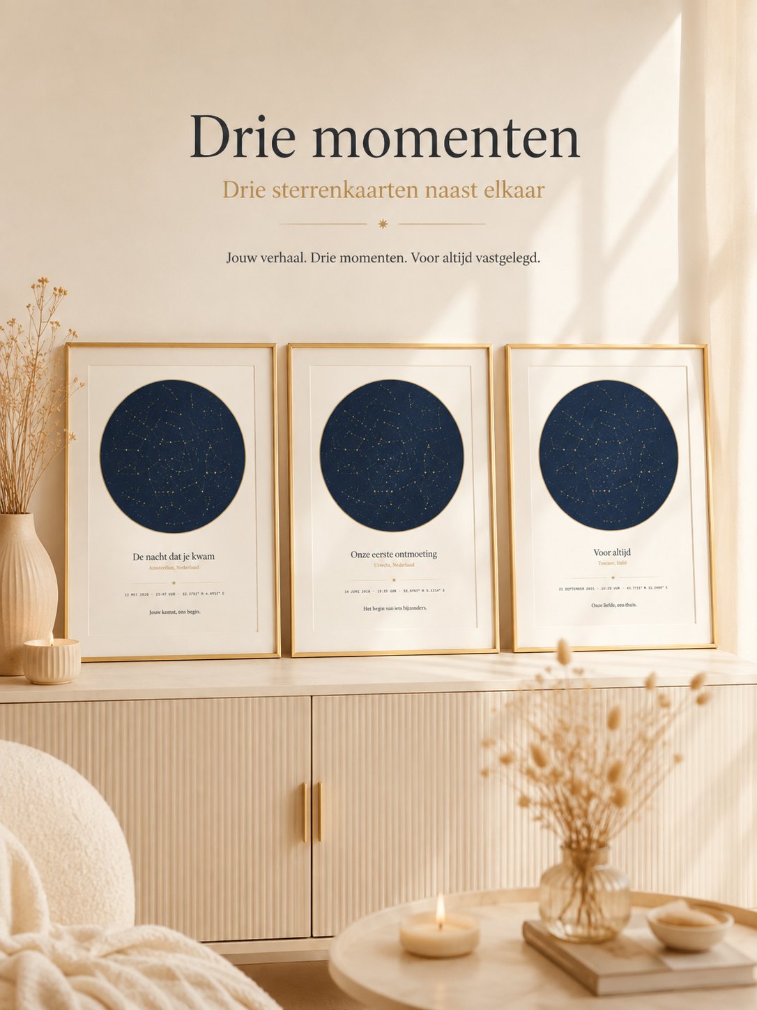 Drie sterrenkaarten naast elkaar: de nacht dat je kwam, onze eerste ontmoeting en voor altijd